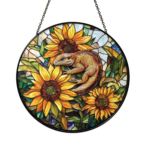 Cute Lizard Embracing Sunflower Stained Glass Style Window Hanging Suncatcher, Cheerful Reptile Lover Gift