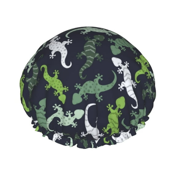 Cute Lizard Gecko Green Shower Cap, Reusable Bath Hair Hat for all Hair Lengths Hair Cover with Elastic Band Double Waterproof Layers Bathing Hat