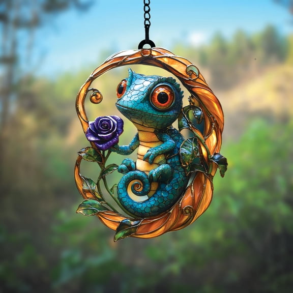 Cute Lizard Suncatcher with Purple Rose, Acrylic Window Decor Featuring Blue Chameleon in Leaf Frame, Gift for Reptile or Garden Lovers