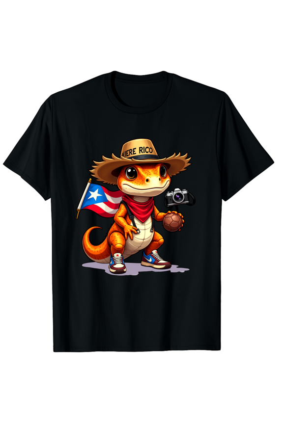Cute Lizard With Puerto Rico Flag And Camera Pattern Short Sleeve T-Shirt For Women Men Gift For Travel Enthusiasts And Puerto Rico Supporters
