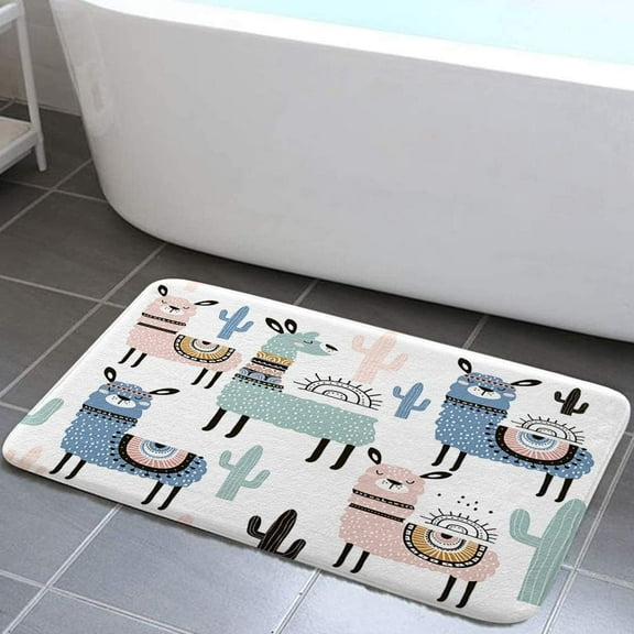 Cute Llama Alpaca Bath Mat Funny Kids Cartoon Animal Colorful Llama Cactus Decor Kitchen Floor Mat Soft Flannel Mats Non Slip Kitchen Rugs Bath Rug Runner Carpet for Bathroom Bedroom, 19X31in