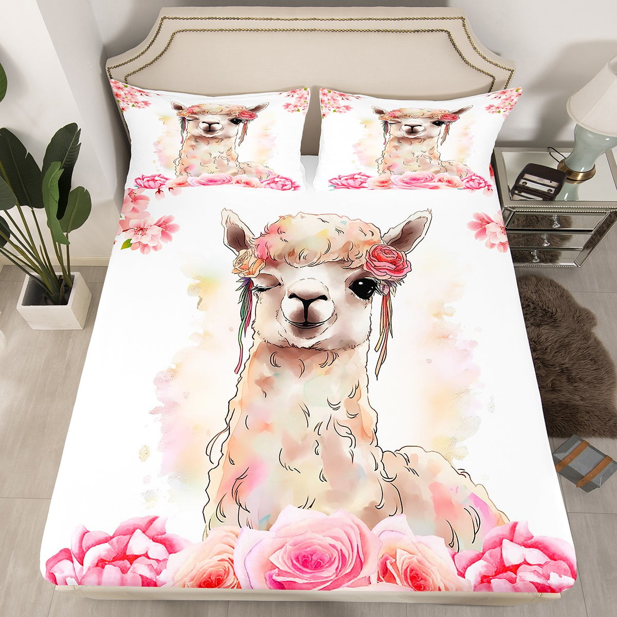 Cute Llama Bedding Set Kawaii Animal Print Fitted Sheet for Girls Boys Teens Cartoon Animal Wildlife Theme Bed Sheets Lovely Alpaca with Pink Floral Sheets with 1 Pillowcase Twin Walmart