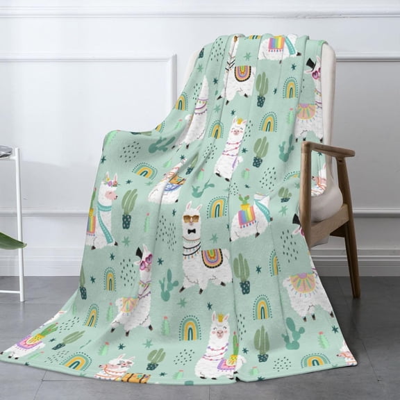 Cute Llama Blanket with Cactus and Rainbow for Kids Boys and Girls