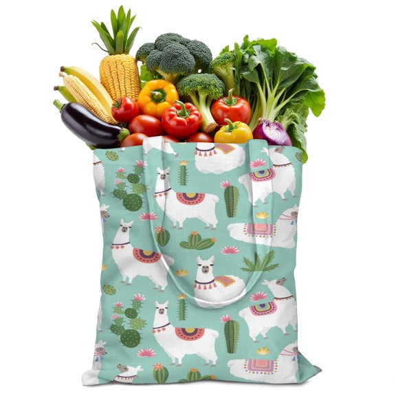 Cute Llama Canvas Tote Bag – Watercolor Alpaca & Cactus Print – Boho Reusable Shopping Bag for Animal Lovers & Gifts
