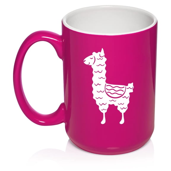Cute Llama Ceramic Coffee Mug Tea Cup Gift for Her, Women, Wife, Mom, Sister, Girlfriend, Friend, Boss, Coworker, Daughter, Birthday, Wedding, Housewarming, Llama Lover, Animals (15oz Hot Pink)