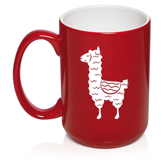 Cute Llama Ceramic Coffee Mug Tea Cup Gift for Her, Women, Wife, Mom, Sister, Girlfriend, Friend, Boss, Coworker, Daughter, Birthday, Wedding, Housewarming, Llama Lover, Animals (15oz Red)
