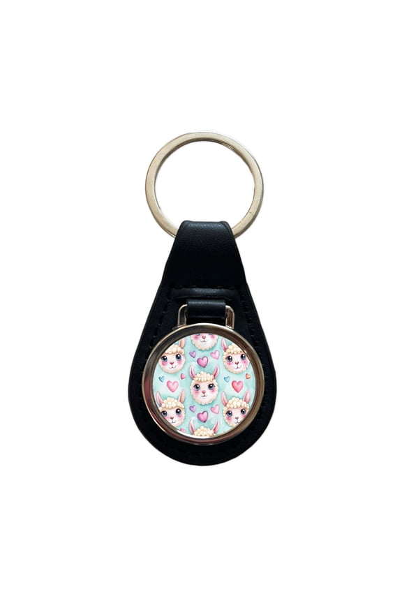 Cute Llama Faces Hearts Watercolor Metal Black Leather Keychain