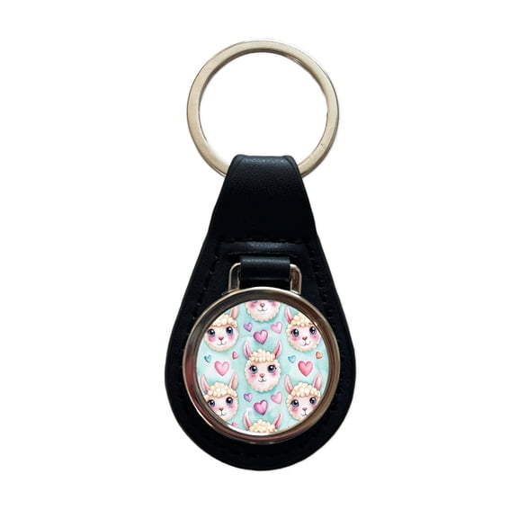 Cute Llama Faces Hearts Watercolor Metal Black Leather Keychain