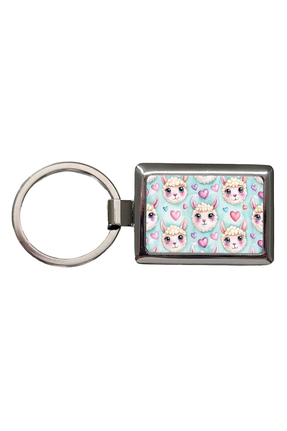 Cute Llama Faces Hearts Watercolor Metal Rectangle Keychain