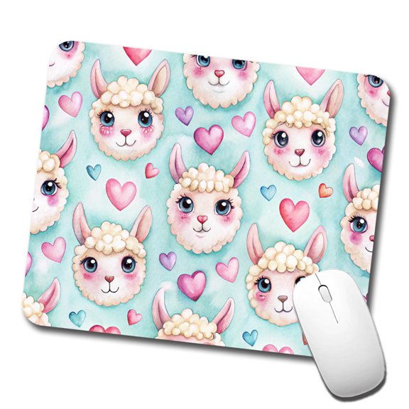 Cute Llama Faces Hearts Watercolor Mouse Pad Low Profile Gaming Mat