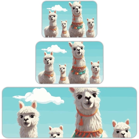 Cute Llama Kitchen Rugs Sets of 3, Non Slip Flannel Kitchen Mats for Floor, Soft Standing Mat Washable Runner Rug for Hallway Laundry Entryway, 47x17 + 31x20 + 24x16