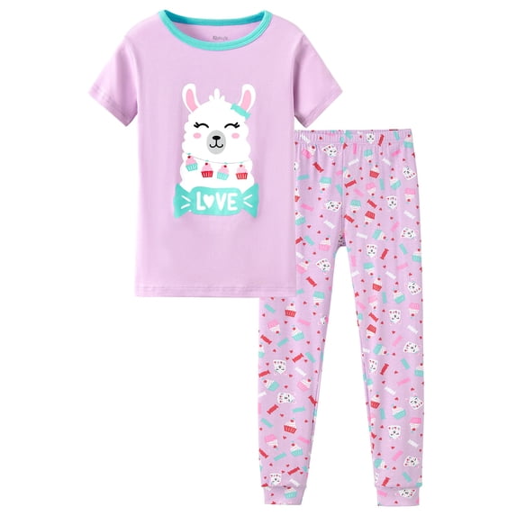 Cute Llama Pajamas PJ Set for Girls –2-Piece Short & Pants Cool Cotton Size 7