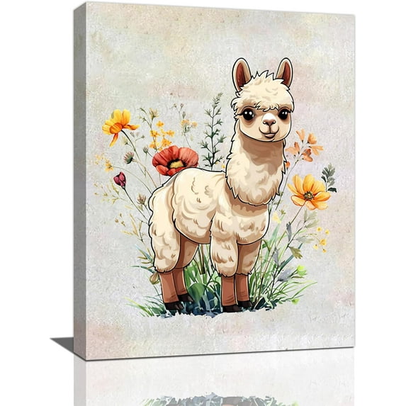 Cute Llama Wall Art Alpaca Wall Decor Canvas Print Painting Home Decoration Artwork For Living Room Office Bedroom Bathroom Framed 12"X16"