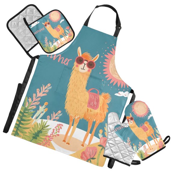 Cute Llama with Summer Sun 5 Pcs Kitchen Set Heat Resistant Oven Mitts and Non-Slip Pot Holders with Adjustable Cooking Apron
