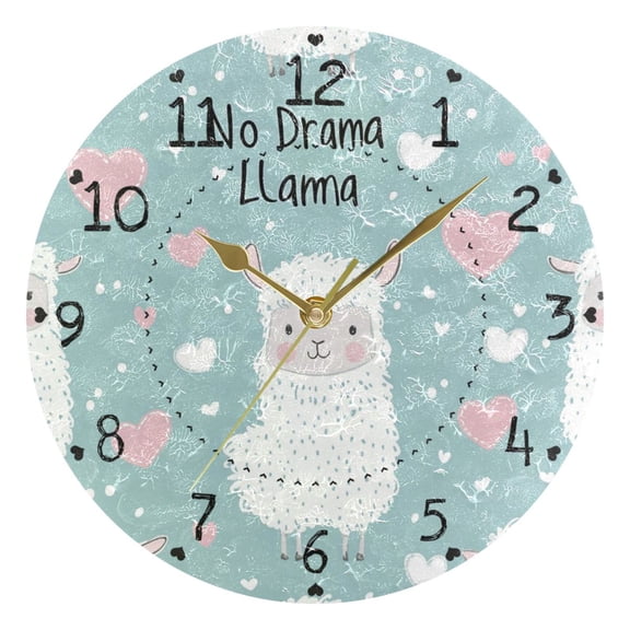 Cute Llamas Hearts Dots Round Wall Clock Silent Analog Battery Operated Gold Pointer Home Decor 9.84" Diameter