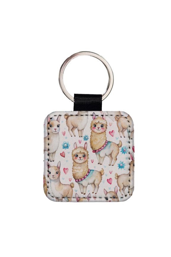 Cute Llamas Hearts Watercolor Faux Leather Square Keychain