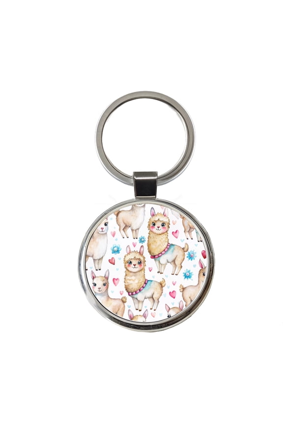 Cute Llamas Hearts Watercolor Metal Round Keychain