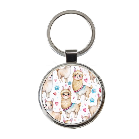 Cute Llamas Hearts Watercolor Metal Round Keychain