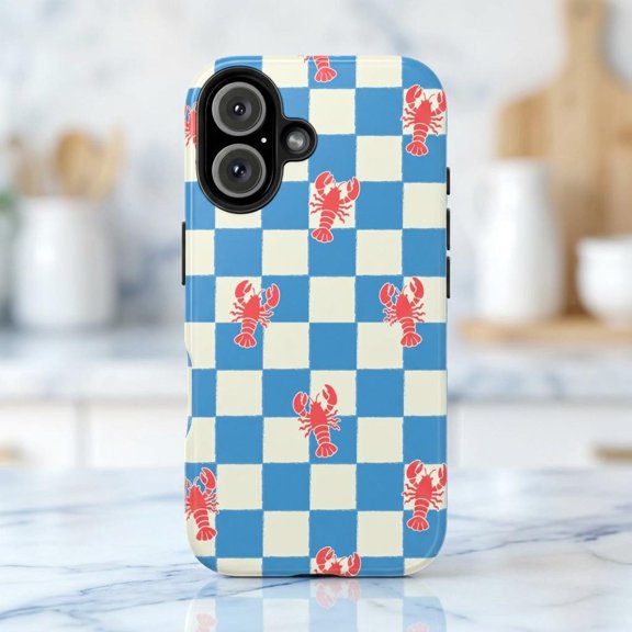 Cute Lobster Checkered Blue Cream Retro Nautical Case iPhone 17 to 11 Pro Max