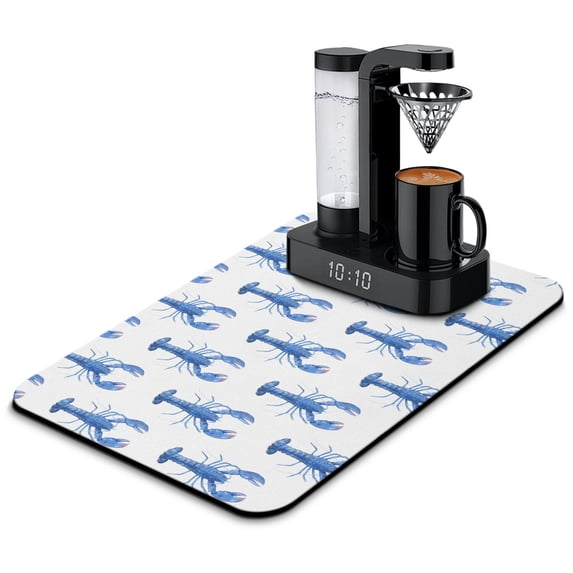 Cute Lobster Illustration Coffee Mat - 4-Layer Absorbent Drying Mat for Coffee Bars, Non-Slip Rubber Backed Counter Protector, Nautical Themed Kitchen Decor, 15.7 x 23.6 Inch