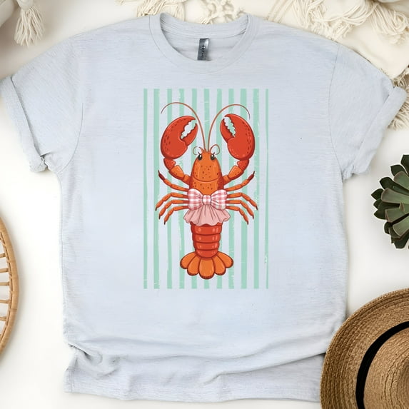 Cute Lobster in Bow T-Shirt for Women, Funny Nautical Summer Graphic Tee, Ash, Size 4XL