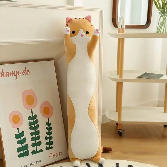Cute Long Cat Plush Body Pillow, Soft Polyester Stuffed Animal Throw Cushion, Ergonomic Sleeping Hugging Pillow, 50‑70cm, for Bed Sofa Decor, Birthday Holiday Gift for Kids & Adults