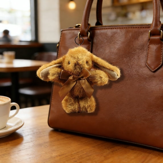 Cute Long Ears Rabbit Bunny Keychain, Plush Rabbit Fluffy Rabbit Key Ring Bag Charm Purse Pendant, Stuffed Animal Bag Charm Gift for Mom Girls Women Sister Daughter (Dark Brown)