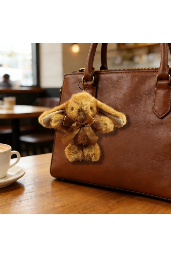 Cute Long Ears Rabbit Bunny Keychain, Plush Rabbit Fluffy Rabbit Key Ring Bag Charm Purse Pendant, Stuffed Animal Bag Charm Gift for Mom Girls Women Sister Daughter (Dark Brown)