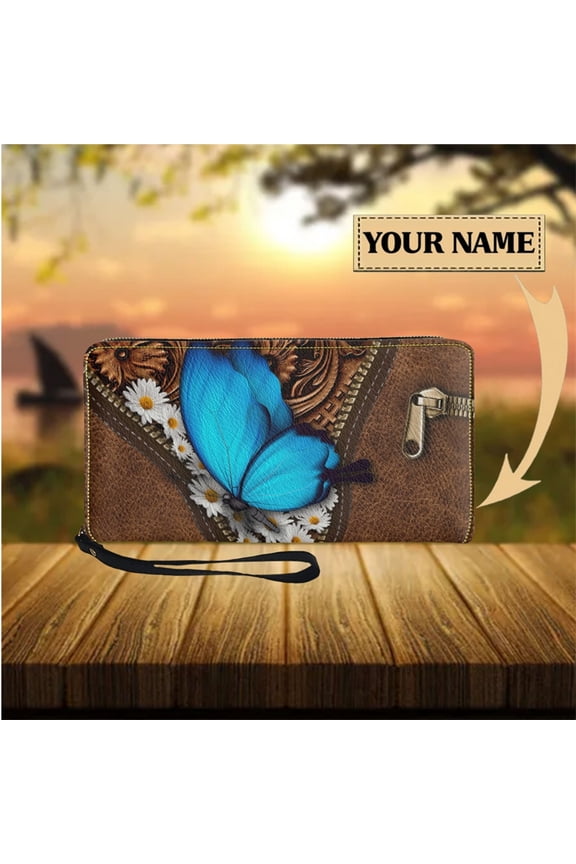 Cute Long Purse Clutch My Bags Blue Butterfly with Daisy Design Travel Multifunction Women Wallets Leather Card Holder