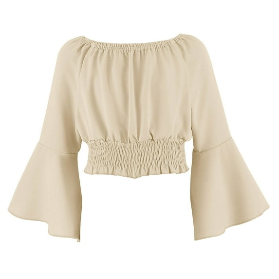 Cute Long Sleeve Shirts for Teen Girls New Girls off Shoulder Blouse Long Sleeve Elegant Ruffle Smocked Waist Tops Fall Trendy Boho Tunic Shirts Beige 9 Years