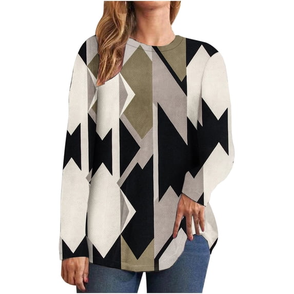 Cute Long Sleeve Tops For Women, T Shirts For Women Trendy Womens Workout Tops Casual Long Sleeve Tops For Women Fall Geometric Graphic Crewneck Loose T Shirts Black Tunic Tops (Khaki,Large)