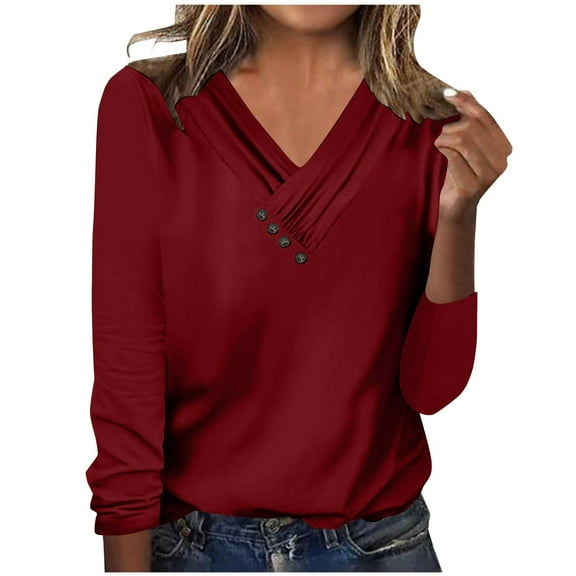 Cute Long Sleeve Tops for Women Fall Fashion Solid Casual v Neck Tunic Shirts Loose Comfy Basic Tshirt Blouse