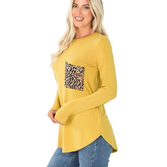 Cute Long Sleeve V Neck Top With Leopard Print Pocket
