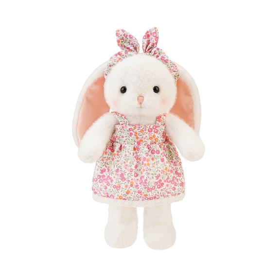 Cute Lop-Eared Easter Bunny Plush Toys Set Soft Fluffy White Rabbit Stuffed Animals with Floral Print Dresses & Matching Bows for Kids Girls Birthday Easter Gift Home Decor