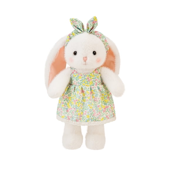 Cute Lop-Eared Easter Bunny Plush Toys Set Soft Fluffy White Rabbit Stuffed Animals with Floral Print Dresses & Matching Bows for Kids Girls Birthday Easter Gift Home Decor