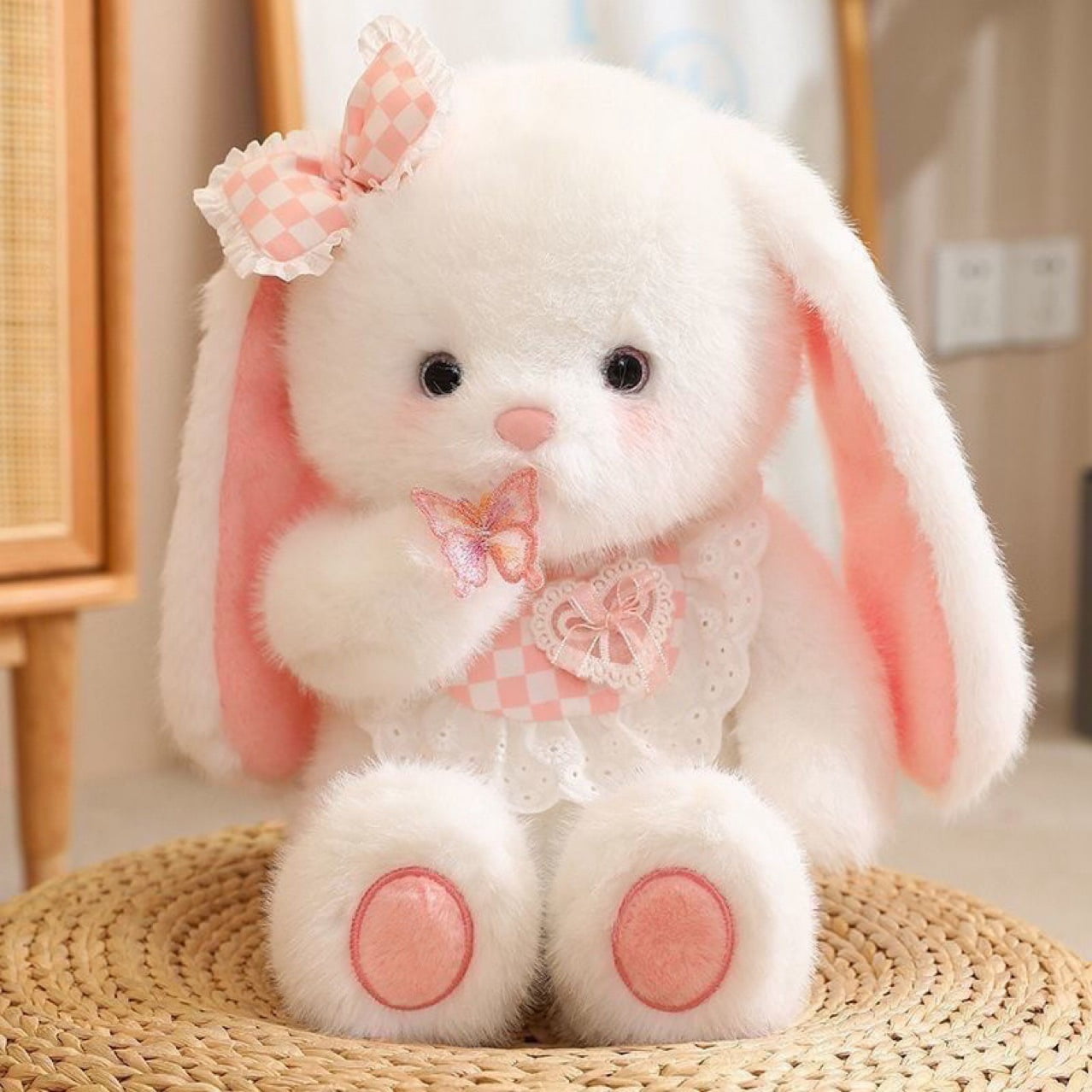 Cute Lop-eared Rabbit Plush Toy with Lace Outfit & Bow, Soft Fluffy Bunny Stuffed Animal, Kawaii Cuddle Buddy for Toddlers Girls Kids, Perfect Birthday Baby Shower Easter Gift