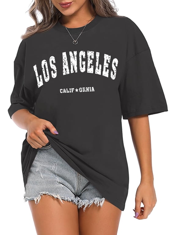 Cute Los Angeles Shirts for Women Boyfriend Oversized Graphic Tees for Teens Girls Trendy Baggy Tshirts Loose Fit