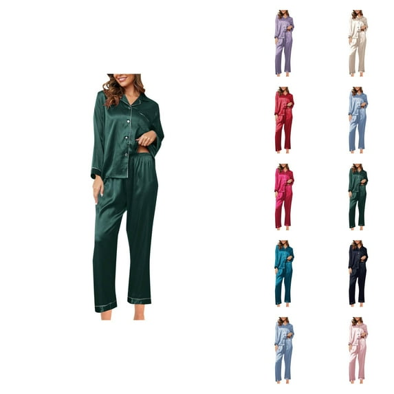 Cute Loungewear – Pajamas for Women Set Women's Fashionable Pajama Set Silk Pajamas 2 Piece Satin Pajama Set Long Sleeve Button Down Casual Suit With Pants