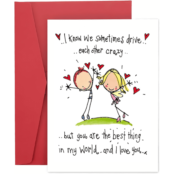 Cute Love Card for Partners "Driving Each Other Crazy" Design Envelope Included, Blank Inside Perfect for Anniversaries, Valentine's Day, or Just Because