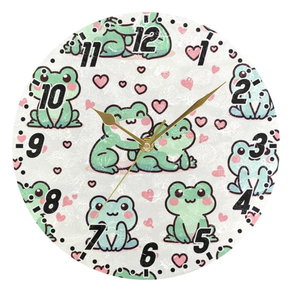 Cute Love Frogs Round Wall Clock Battery Operated Silent Non-Ticking Bedroom Office Kitchen Home School Decor 10"(Gold)