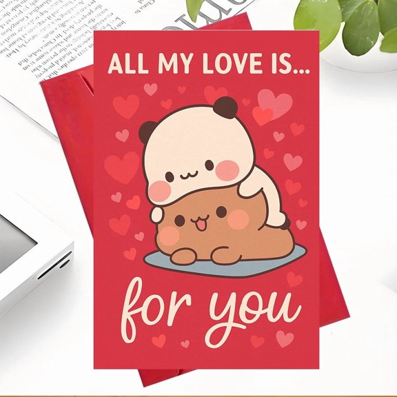 Cute Love Greeting Card "All My Love Is For You" Adorable Panda and Bear Design Envelope Included, Blank Inside Perfect for Valentines Day, Anniversaries, or Love Notes