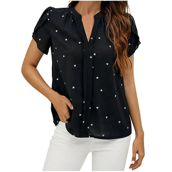 Cute Love Heart Print Trendy Tops for Women V Neck Casual Loose Fit Petal Sleeve Lightweight Pullover Blouses Black,S