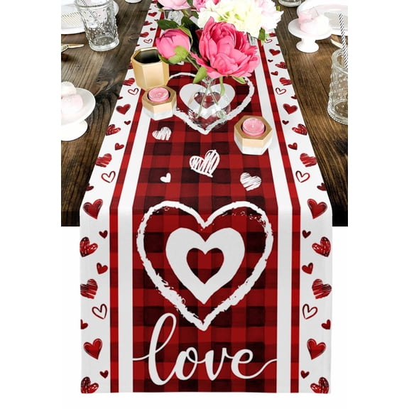 Cute Love Heart Table Runner, Red Buffalo Plaid Washable Cotton-linen Table Runners Dining Kitchen Decoration for Everyday Home Wedding Party Decor, 13 x 60 Inch