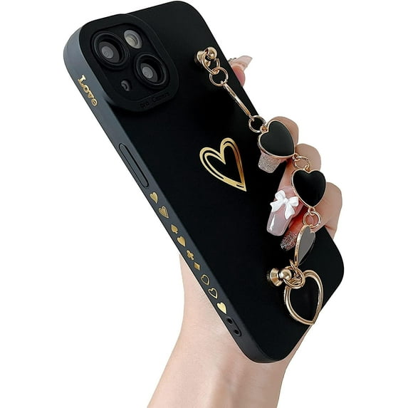 Cute Love Heart Wrist Strap Chain Bracelet Soft Compatible with iPhone Case (Black,iPhone 14 Pro)