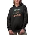 thumbnail image 1 of Cute Love and Lipstick with Smiling Face, Beauty Themed Merch Gift for Makeup Artist or Lovers, Cosmetologists & Beauticians, Black Hooded Sweatshirt or Hoodie, Large, 1 of 5