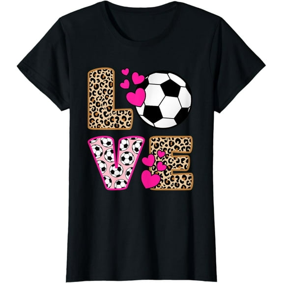 Cute Love Soccer Leopard Print Women Girls Soccer T-Shirt