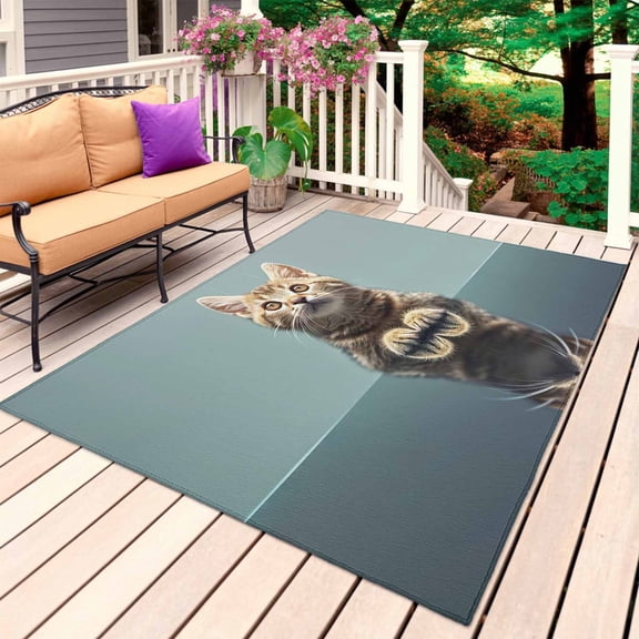 Cute Lovely Cat Outdoor Rug 5x8 Ft, Non Slip Washable Area Rug, Modern Art Mirror Image Pet Patio Rugs Carpet Runner, Large Floor Mat for Indoor/Outdoor Deck Porch Camping
