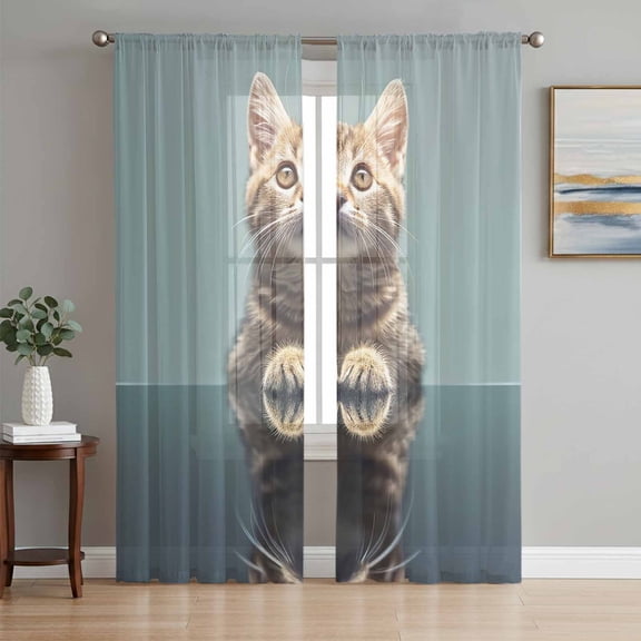 Cute Lovely Cat Sheer Curtains 63 Inch Length 2 Panels Set, Modern Art Mirror Image Pet Voile Window Treatment Rod Pocket Curtains Sheers Drapes for Bedroom/Living Room/Kitchen 52x"63"x2
