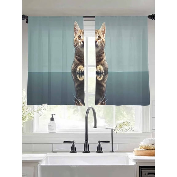 Cute Lovely Cat Sheer Curtains for Living Room Bedroom Modern Art Mirror Image Pet Sheer Curtains 45 Inch Long 2 Panels Set Light Filtering Curtain Window Treatments Drapes for Dining Room