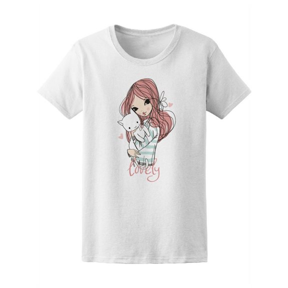 Cute Lovey Girl With Cat Women T-Shirt - Image by Shutterstock, Female x-Large